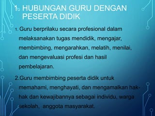 1. HUBUNGAN GURU DENGAN
PESERTA DIDIK
1. Guru berprilaku secara profesional dalam
melaksanakan tugas mendidik, mengajar,
membimbing, mengarahkan, melatih, menilai,
dan mengevaluasi profesi dan hasil
pembelajaran.
2.Guru membimbing peserta didik untuk
memahami, menghayati, dan mengamalkan hak-
hak dan kewajibannya sebagai individu, warga
sekolah, anggota masyarakat.
 