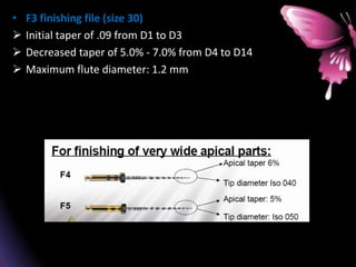 • F3 finishing file (size 30)
 Initial taper of .09 from D1 to D3
 Decreased taper of 5.0% - 7.0% from D4 to D14
 Maximum flute diameter: 1.2 mm
 