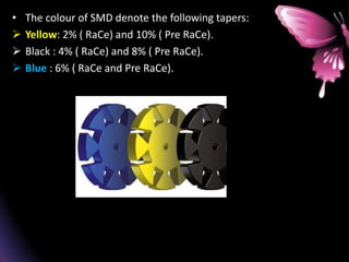 • The colour of SMD denote the following tapers:
 Yellow: 2% ( RaCe) and 10% ( Pre RaCe).
 Black : 4% ( RaCe) and 8% ( Pre RaCe).
 Blue : 6% ( RaCe and Pre RaCe).
 