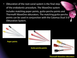 • Obturation of the root-canal system is the final step
of the endodontic procedure. The WaveOne system
includes matching paper points, gutta-percha points and
Thermafil WaveOne obturators. The matching gutta-percha
points can be used in conjunction with the Calamus Dual 3-D
Obturation System.
Paper points
Gutta-percha points
Thermafil WaveOne obturators
 