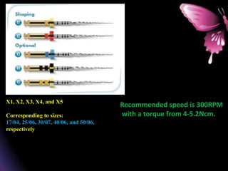 X1, X2, X3, X4, and X5
Corresponding to sizes:
17/04, 25/06, 30/07, 40/06, and 50/06,
respectively.
Recommended speed is 300RPM
with a torque from 4-5.2Ncm.
 