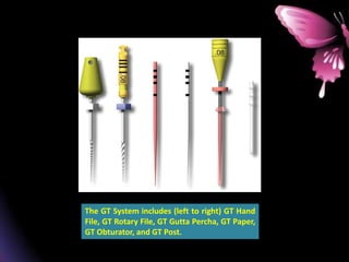 The GT System includes (left to right) GT Hand
File, GT Rotary File, GT Gutta Percha, GT Paper,
GT Obturator, and GT Post.
 