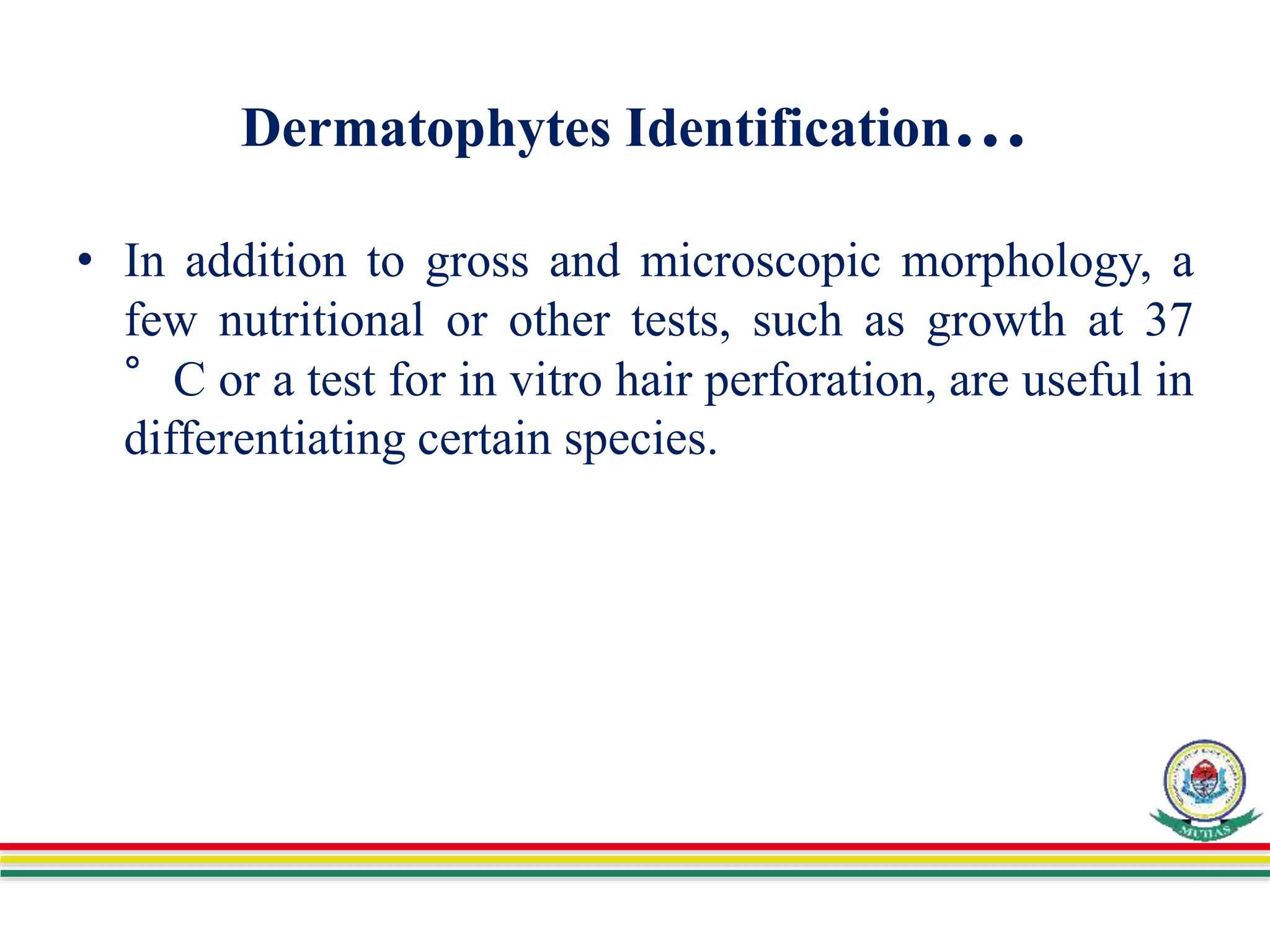 Dermatophytes Identification…
• In addition to gross and microscopic morphology, a
few nutritional or other tests, such as growth at 37
°C or a test for in vitro hair perforation, are useful in
differentiating certain species.
 