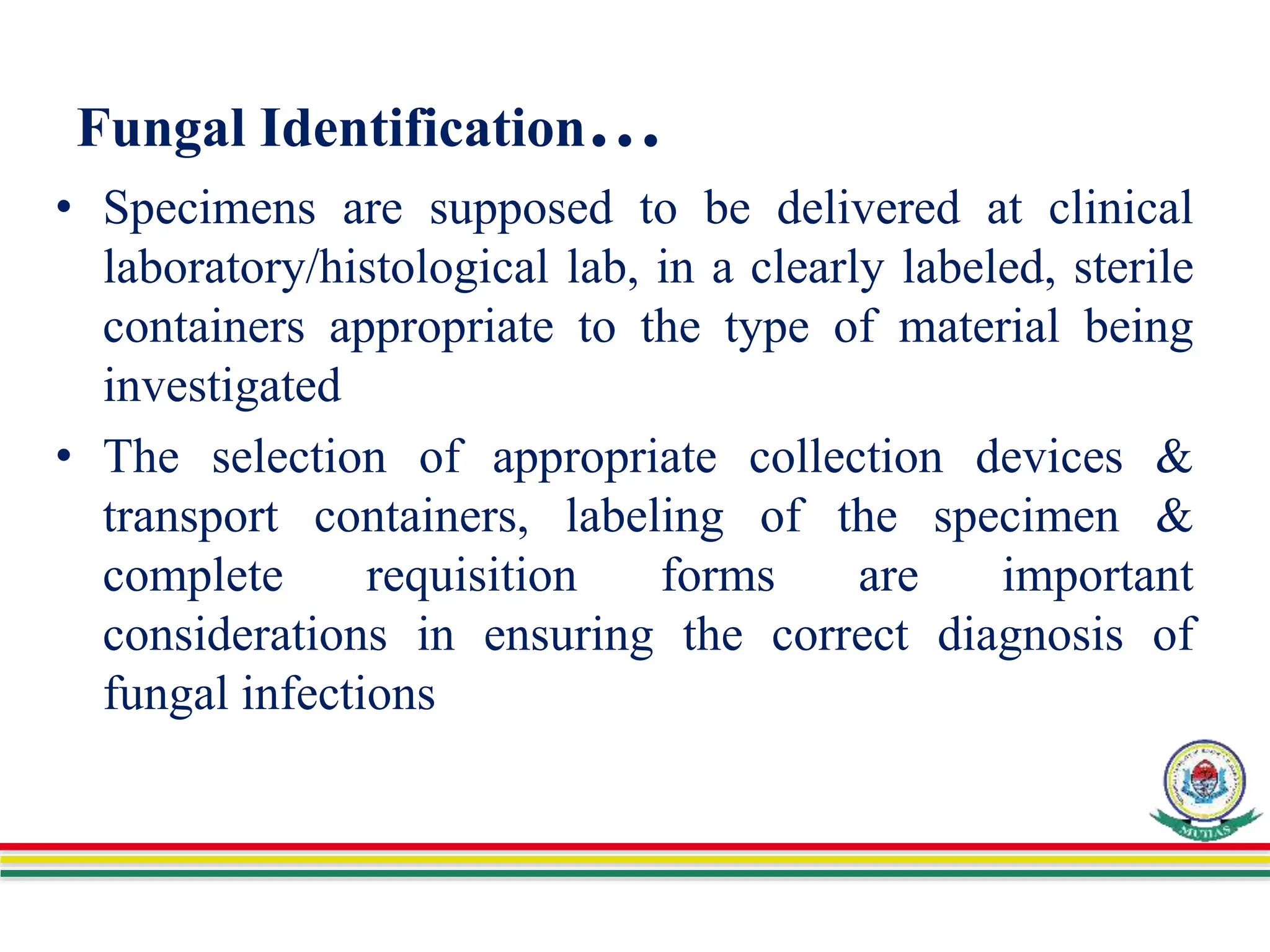 Fungal Identification…
• Specimens are supposed to be delivered at clinical
laboratory/histological lab, in a clearly labeled, sterile
containers appropriate to the type of material being
investigated
• The selection of appropriate collection devices &
transport containers, labeling of the specimen &
complete requisition forms are important
considerations in ensuring the correct diagnosis of
fungal infections
 