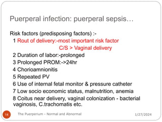 Puerperal infection: puerperal sepsis…
Risk factors (predisposing factors) :-
1 Rout of delivery:-most important risk factor
C/S > Vaginal delivery
2 Duration of labor:-prolonged
3 Prolonged PROM:->24hr
4 Chorioamnionitis
5 Repeated PV
6 Use of internal fetal monitor & pressure catheter
7 Low socio economic status, malnutrition, anemia
8 Coitus near delivery, vaginal colonization - bacterial
vaginosis, C.trachomatis etc.
1/27/2024
14 The Puerperium - Normal and Abnormal
 