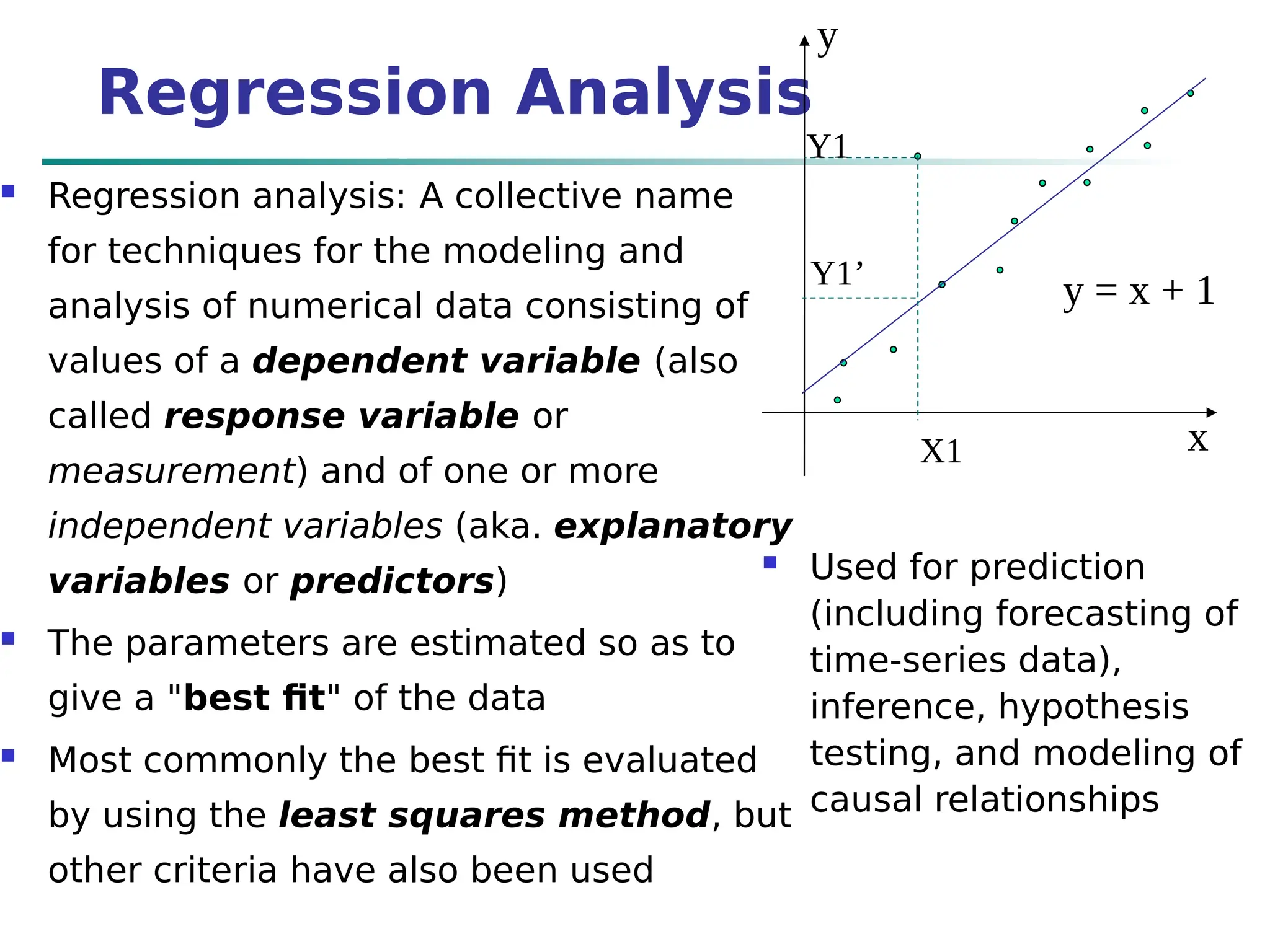 Regression Analysis
 Regression analysis: A collective name
for techniques for the modeling and
analysis of numerical data consisting of
values of a dependent variable (also
called response variable or
measurement) and of one or more
independent variables (aka. explanatory
variables or predictors)
 The parameters are estimated so as to
give a "best fit" of the data
 Most commonly the best fit is evaluated
by using the least squares method, but
other criteria have also been used
 Used for prediction
(including forecasting of
time-series data),
inference, hypothesis
testing, and modeling of
causal relationships
y
x
y = x + 1
X1
Y1
Y1’
 