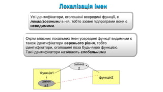 Усі ідентифікатори, оголошені всередині функції, є
локалізованими в ній, тобто ззовні підпрограми вони є
невидимими.
Окрім власних локальних імен усередині функції видимими є
також ідентифікатори верхнього рівня, тобто
ідентифікатори, оголошені поза будь-якою функцією.
Такі ідентифікатори називають глобальними
змінна
2
Функція1
функція2
змінн
а1
Локалізація імен
 