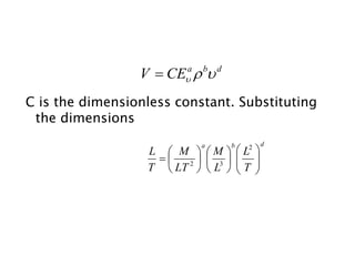 C is the dimensionless constant. Substituting
the dimensions
d
b
a
CE
V 



d
b
a
T
L
L
M
LT
M
T
L





















2
3
2
 