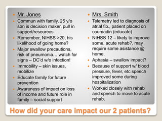 How did your care impact our 2 patients?
 Mr. Jones
 Commun with family, 25 y/o
son is decision maker, pull in
support/resources
 Remember, NIHSS >20, his
likelihood of going home?
 Major swallow precautions,
risk of pneumonia… watch for
signs – DC’d w/o infection!
 Immobility – skin issues,
mobilize
 Educate family for future
prevention
 Awareness of impact on loss
of income and future role in
family – social support
 Mrs. Smith
 Telemetry led to diagnosis of
atrial fib., patient placed on
coumadin (educate)
 NIHSS 12 – likely to improve
some, acute rehab?, may
require some asistance @
home.
 Aphasia – swallow impact?
 Because of support w/ blood
pressure, fever, etc speech
improved some during
hospitalization
 Worked closely with rehab
and speech to move to acute
rehab.
 