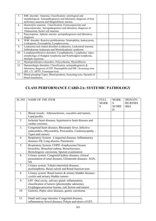 203
5. RBC disorder: Anaemia, Classification- aetiological and
morphological, Aetiopathogenesis and laboratory diagnosis of Iron
deficiency anaemia and Megaloblastic anemia.
6. Haemolytic anaemia: Classification: Extracorpuscular and
intracorpuscular, Aetiopathogenesis and laboratory diagnosis of
Thalassemia, Sickel cell anaemia
7. Pancytopenia, Aplastic anemia- aetiopathogenesis and laboratory
diagnosis
8. WBC disorder: Reactive proliferations- Neutrophilia, leukocytosis,
Leukopenia, Eosinophilia, Lymphocytosis,
9. Leukaemia and related disorders-Leukaemia, Leukomoid reaction,
Subleukaemic leukaemia and Myelodysplastic syndrome
10. Lymphoproliferative disorders: Lymphadenitis, Lymphoma- types,
morphology of Hodgkin lymphoma and NonHodgkin lymphoma,
Multiple myeloma.
11. Myeloproliferative disorders: Polycythemia, Myelofibrosis
12. Haemorrhagic disorders: Classification, aetiopathogenesis &
laboratory diagnosis of ITP, Haemophilia and DIC; Screening tests
(BT, CT, APTT, Tourniquet test)
13. Blood grouping-Types, Blood products, Screening tests, Hazards of
blood transfusion,
CLASS PERFORMANCE CARD-2A: SYSTEMIC PATHOLOGY
SL.NO NAME OF THE ITEM FULL
MARK
S
MARK
S
SCORE
D
SIGNATU
RE/REMA
RKS
1. Blood vessels: Atherosclerosis, vasculitis and tumors,
Lipid profile.
2. Ischemic heart diseases, hypertensive heart diseases and
cardiac enzymes.
3. Congenital heart diseases, Rheumatic fever, Infective
endocarditis, (Myocarditis, Pericarditis, Cardiomyopathy –
Types and causes)
4. Respiratory System: Congenital diseases, Inflammatory
diseases-TB, Lung abscess, Pneumonia
5. Respiratory System: COPD -Emphysema Chronic
bronchitis, Bronchial asthma, Bronchiectasis,
Bronchogenic carcinoma, Sputum examination
6. Urinary system: Congenital kidney diseases, clinical
presentation of renal diseases, Glomerular diseases- AGN,
NS.
7. Urinary system: Tubulo-interstitial diseases,
pyelonephritis, Renal calculi and Renal function tests
8. Urinary system: Renal tumors & urinary bladder diseases-
cystitis and urinary bladder tumors
9. GIT: Oral cavity, salivary gland- inflammation,
classification of tumors (pleomorphic adenoma),
Esophagus-precursor lesions, risk factors and tumors
10. Gastritis, Peptic ulcer diseases, gastric carcinoma.
11. Small and Large intestine: Congenital diseases,
inflammatory bowel diseases, Polyps and ulcers of GIT,
 