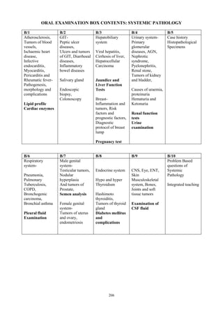 206
ORAL EXAMINATION BOX CONTENTS: SYSTEMIC PATHOLOGY
B/1 B/2 B/3 B/4 B/5
Atherosclerosis,
Tumors of blood
vessels,
Ischaemic heart
disease,
Infective
endocarditis,
Myocarditis,
Pericarditis and
Rheumatic fever-
Pathogenesis,
morphology and
complications
Lipid profile
Cardiac enzymes
GIT-
Peptic ulcer
diseases,
Ulcers and tumors
of GIT, Diarrhoeal
diseases,
Inflammatory
bowel diseases
Salivary gland
Endoscopic
biopsy,
Colonoscopy
Hepatobiliary
system
Viral hepatitis,
Cirrhosis of liver,
Hepatocellular
Carcinoma
Jaundice and
Liver Function
Tests
Breast-
Inflammation and
tumors, Risk
factors and
prognostic factors,
Diagnostic
protocol of breast
lump
Pregnancy test
Urinary system-
Primary
glomerular
diseases, AGN,
Nephrotic
syndrome,
Pyelonephritis,
Renal stone,
Tumors of kidney
and bladder,
Causes of uraemia,
proteinuria
Hematuria and
Ketonuria
Renal function
tests
Urine
examination
Case history
Histopathological
Specimens
B/6 B/7 B/8 B/9 B/10
Respiratory
system-
Pneumonia,
Pulmonary
Tuberculosis,
COPD,
Bronchogenic
carcinoma,
Bronchial asthma
Pleural fluid
Examination
Male genital
system-
Testicular tumors,
Nodular
hyperplasia
And tumors of
Prostate,
Semen analysis
Female genital
system-
Tumors of uterus
and ovary,
endometriosis
Endocrine system
Hypo and hyper
Thyroidism
Hashimoto
thyroiditis,
Tumors of thyroid
gland
Diabetes mellitus
and
complications
CNS, Eye, ENT,
Skin
Musculoskeletal
system, Bones,
Joints and soft
tissue tumors
Examination of
CSF fluid
Problem Based
questions of
Systemic
Pathology
Integrated teaching
 