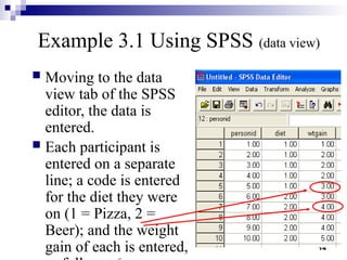 14
Example 3.1 Using SPSS (data view)
 Moving to the data
view tab of the SPSS
editor, the data is
entered.
 Each participant is
entered on a separate
line; a code is entered
for the diet they were
on (1 = Pizza, 2 =
Beer); and the weight
gain of each is entered,
 
