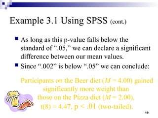 19
Example 3.1 Using SPSS (cont.)
 As long as this p-value falls below the
standard of “.05,” we can declare a significant
difference between our mean values.
 Since “.002” is below “.05” we can conclude:
Participants on the Beer diet (M = 4.00) gained
significantly more weight than
those on the Pizza diet (M = 2.00),
t(8) = 4.47, p < .01 (two-tailed).
 
