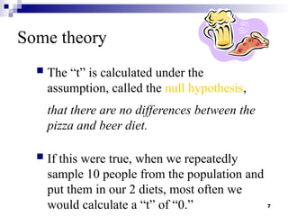 7
Some theory
 The “t” is calculated under the
assumption, called the null hypothesis,
that there are no differences between the
pizza and beer diet.
 If this were true, when we repeatedly
sample 10 people from the population and
put them in our 2 diets, most often we
would calculate a “t” of “0.”
 