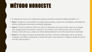 MÉTODO NOROESTE
• El método se inicia en la celda de la esquina noroeste (ruta) de la tabla (variable x11).
• Paso 1. Asigne lo más posible a la celda seleccionada, y ajuste las cantidades asociadas de
oferta y demanda restando la cantidad asignada.
• Paso 2. Tache la columna o fila con oferta o demanda cero para indicar que no se hagan
más asignaciones en esa fila o columna. Si una fila y una columna dan cero al mismo
tiempo, tache sólo una, y deje una oferta (demanda) cero en la fila (columna) no tachada.
• Paso 3. Si se deja sin tachar exactamente una fila o columna, deténgase. De lo contrario,
muévase a la celda a la derecha si acaba de tachar una columna, o abajo si acaba de tachar
una fila. Vaya al paso 1.
 