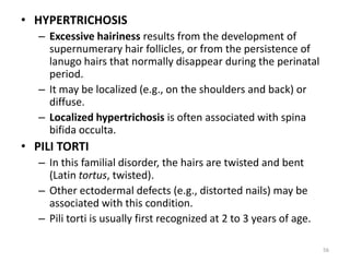 • HYPERTRICHOSIS
– Excessive hairiness results from the development of
supernumerary hair follicles, or from the persistence of
lanugo hairs that normally disappear during the perinatal
period.
– It may be localized (e.g., on the shoulders and back) or
diffuse.
– Localized hypertrichosis is often associated with spina
bifida occulta.
• PILI TORTI
– In this familial disorder, the hairs are twisted and bent
(Latin tortus, twisted).
– Other ectodermal defects (e.g., distorted nails) may be
associated with this condition.
– Pili torti is usually first recognized at 2 to 3 years of age.
56
 