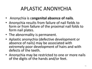 APLASTIC ANONYCHIA
• Anonychia is congenital absence of nails.
• Anonychia results from failure of nail fields to
form or from failure of the proximal nail folds to
form nail plates.
• The abnormality is permanent.
• Aplastic anonychia (defective development or
absence of nails) may be associated with
extremely poor development of hairs and with
defects of the teeth.
• Anonychia may be restricted to one or more nails
of the digits of the hands and/or feet.
61
 