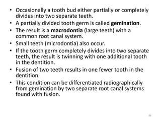 • Occasionally a tooth bud either partially or completely
divides into two separate teeth.
• A partially divided tooth germ is called gemination.
• The result is a macrodontia (large teeth) with a
common root canal system.
• Small teeth (microdontia) also occur.
• If the tooth germ completely divides into two separate
teeth, the result is twinning with one additional tooth
in the dentition.
• Fusion of two teeth results in one fewer tooth in the
dentition.
• This condition can be differentiated radiographically
from gemination by two separate root canal systems
found with fusion.
86
 