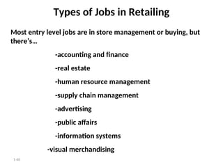 1-60
Types of Jobs in Retailing
Most entry level jobs are in store management or buying, but
there’s…
-accounting and finance
-real estate
-human resource management
-supply chain management
-advertising
-public affairs
-information systems
-visual merchandising
 