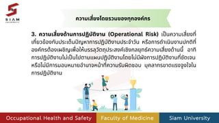 3. ความเสี่ยงด้านการปฏิบัติงาน (Operational Risk) เป็นความเสี่ยงที่
เกี่ยวข้องกับประเด็นปัญหาการปฏิบัติงานประจำวัน หรือการดำเนินงานปกติที่
องค์กรต้องเผชิญเพื่อให้บรรลุวัตถุประสงค์เชิงกลยุทธ์ความเสี่ยงด้านนี้ อาทิ
การปฏิบัติงานไม่เป็นไปตามแผนปฏิบัติงานโดยไม่มีผังการปฏิบัติงานที่ชัดเจน
หรือไม่มีการมอบหมายอำนาจหน้าที่ความรับผิดชอบ บุคลากรขาดแรงจูงใจใน
การปฏิบัติงาน
ความเสี่ยงโดยรวมของทุกองค์กร
 