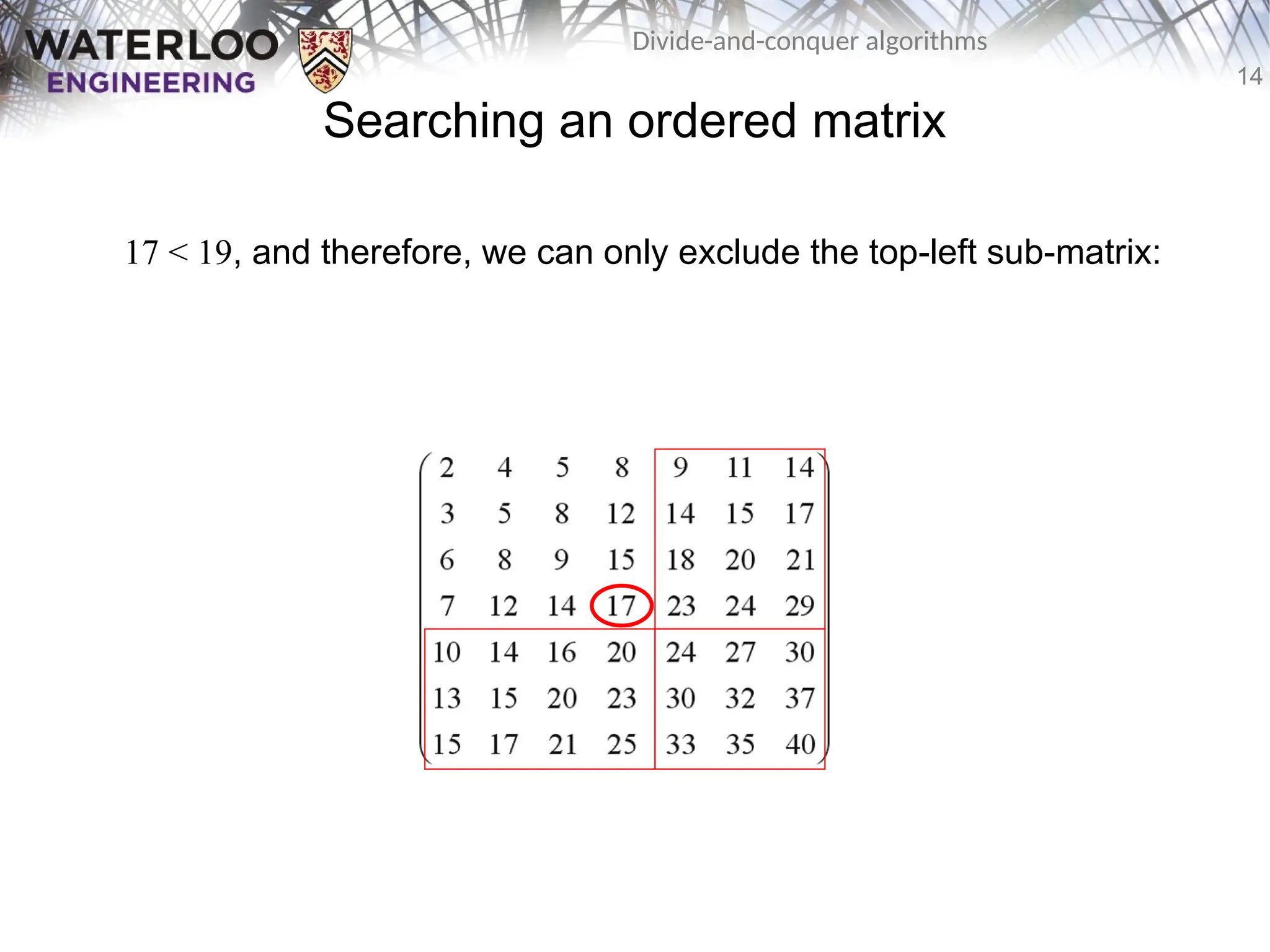 14
Divide-and-conquer algorithms
Searching an ordered matrix
17 < 19, and therefore, we can only exclude the top-left sub-matrix:
 