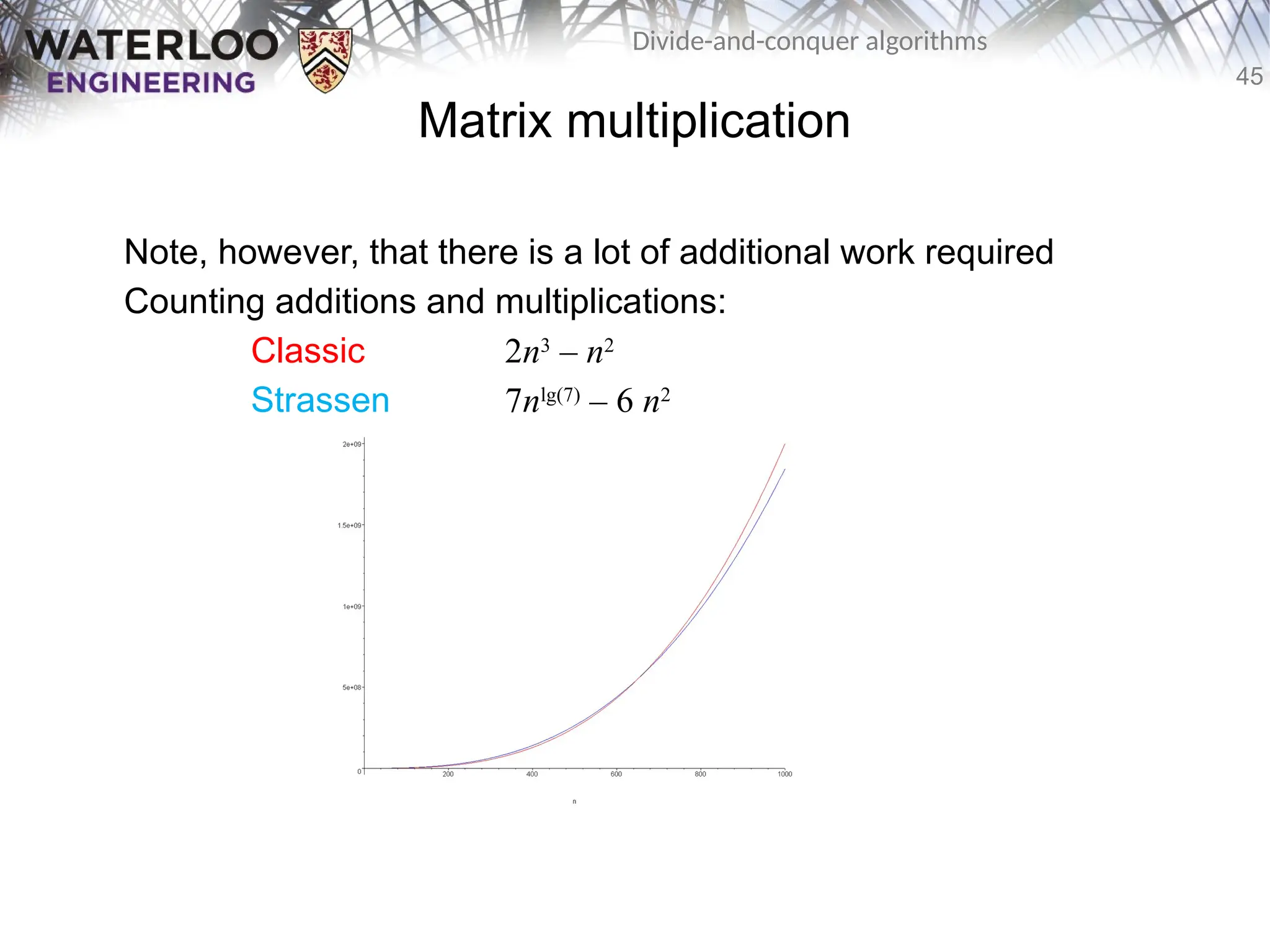 45
Divide-and-conquer algorithms
Matrix multiplication
Note, however, that there is a lot of additional work required
Counting additions and multiplications:
Classic 2n3
– n2
Strassen 7nlg(7)
– 6 n2
 
