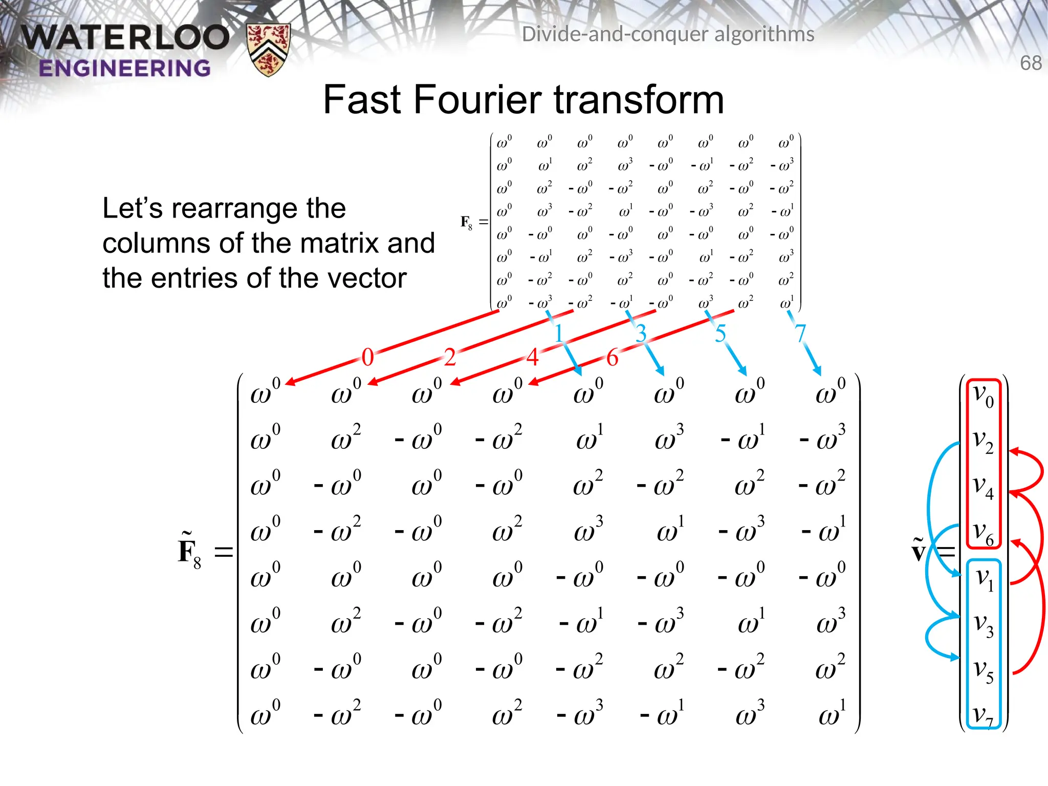 68
Divide-and-conquer algorithms
Fast Fourier transform
Let’s rearrange the
columns of the matrix and
the entries of the vector
0 0 0 0 0 0 0 0
0 2 0 2 1 3 1 3
0 0 0 0 2 2 2 2
0 2 0 2 3 1 3 1
8 0 0 0 0 0 0 0 0
0 2 0 2 1 3 1 3
0 0 0 0 2 2 2 2
0 2 0 2 3 1 3 1
       
       
       
       
       
       
       
       
 
 
   
 
 
   
 
   
 
 
   
 
   
 
 
   
 
 
   
 
F

0 0 0 0 0 0 0 0
0 1 2 3 0 1 2 3
0 2 0 2 0 2 0 2
0 3 2 1 0 3 2 1
8 0 0 0 0 0 0 0 0
0 1 2 3 0 1 2 3
0 2 0 2 0 2 0 2
0 3 2 1 0 3 2 1
       
       
       
       
       
       
       
       
 
 
   
 
 
   
 
   
 
 
   
 
   
 
 
   
 
 
   
 
F
0
2
4
6
1
3
5
7
v
v
v
v
v
v
v
v
 
 
 
 
 
 

 
 
 
 
 
 
 
v

0 2 4 6
1 3 5 7
 