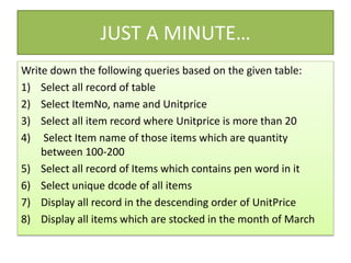 JUST A MINUTE…
Write down the following queries based on the given table:
1) Select all record of table
2) Select ItemNo, name and Unitprice
3) Select all item record where Unitprice is more than 20
4) Select Item name of those items which are quantity
between 100-200
5) Select all record of Items which contains pen word in it
6) Select unique dcode of all items
7) Display all record in the descending order of UnitPrice
8) Display all items which are stocked in the month of March
 