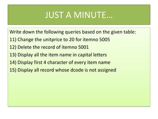 JUST A MINUTE…
Write down the following queries based on the given table:
11) Change the unitprice to 20 for itemno 5005
12) Delete the record of itemno 5001
13) Display all the item name in capital letters
14) Display first 4 character of every item name
15) Display all record whose dcode is not assigned
 
