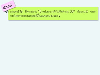 เวกเตอร์ G มีความยาว 10 หน่วย วางตัวในทิศทามุม 30o กับแกน x จงหา
องค์ประกอบของเวกเตอร์นี้ในแนวแกน x และ y
 
