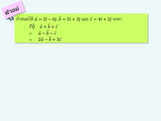กาหนดให้ 𝑎 = 2 𝑖 − 6 𝑗, 𝑏 = 5 𝑖 + 3 𝑗 และ 𝑐 = 4 𝑖 + 2 𝑗 จงหา
ก) 𝑎 + 𝑏 + 𝑐
ข) 𝑎 − 𝑏 − 𝑐
ค) 2 𝑎 − 𝑏 + 3 𝑐
 