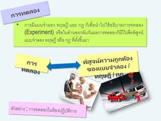 • การมีแบบจาลอง ทฤษฎี และ กฎ ก็เพื่อนาไปใช้อธิบายการทดลอง
(Experiment) หรือในทานองกลับกันผลการทดลองก็มีไว้เพื่อพิสูจน์
แบบจาลอง ทฤษฎี หรือ กฎ ที่ตั้งขึ้นมา
 