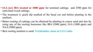 • IAA (or) IBA treated at 1000 ppm for terminal cuttings and 2500 ppm for
semi-hard wood cuttings.
• The treatment is quick dip method of the basal cut end before planting in the
medium.
• Better rooting of cuttings can be obtained by planting in coarse sand and also by
using any of the rooting hormones like IBA (5000 ppm), IAA (1000 ppm) and
NAA (5000 ppm).
• Best rooting medium is sand: Vermiculate: moss at 1:1:1 ratio.
 