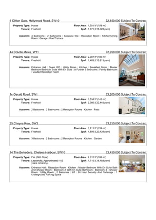 8 Clifton Gate, Hollywood Road, SW10                                             £2,850,000 Subject To Contract
  Property Type: House                                Floor Area: 1,701 ft² (158 m²)
         Tenure: Freehold                                   £psf: 1,675 (£18,028 psm)

       Accomm: 3 Bedrooms : 2 Bathrooms : Separate WC : Reception Room : Kitchen/Dining
               Room : Garage : Roof Terrace




44 Colville Mews, W11                                                            £2,950,000 Subject To Contract
  Property Type: House                                Floor Area: 2,007 ft² (186 m²)
         Tenure: Freehold                                   £psf: 1,469 (£15,815 psm)

       Accomm: Entrance Hall : Guest WC : Utility Room : Kitchen : Breakfast Room : Master
               Bedroom Bedroom Suite With En Suite : A Further 2 Bedrooms : Family Bathroom
               : Vaulted Reception Room




1c Gerald Road, SW1                                                              £3,200,000 Subject To Contract
  Property Type: House                                Floor Area: 1,534 ft² (142 m²)
         Tenure: Freehold                                   £psf: 2,086 (£22,445 psm)

       Accomm: 2 Bedrooms : 3 Bathrooms : 2 Reception Rooms : Kitchen : Patio




25 Cheyne Row, SW3                                                               £3,250,000 Subject To Contract
  Property Type: House                                Floor Area: 1,711 ft² (159 m²)
         Tenure: Freehold                                   £psf: 1,899 (£20,438 psm)

       Accomm: 3 Bedrooms : 2 Bathrooms : 2 Reception Rooms : Kitchen : Garden




14 The Belvedere, Chelsea Harbour, SW10                                          £3,450,000 Subject To Contract
  Property Type: Flat (14th Floor)                    Floor Area: 2,010 ft² (186 m²)
         Tenure: Leasehold; Approximately 102               £psf: 1,716 (£18,468 psm)
                 years remaning
       Accomm: Entrance Hall : Reception Room : Kitchen : Master Bedroom With En Suite Bath
               And Shower Room : Bedroom 2 With En Suite Bathroom : Bedroom 3 : Shower
               Room : Utility Room : 2 Balconies : Lift : 24 Hour Security And Porterage : 1
               Underground Parking Space
 