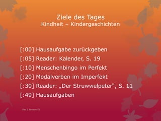 Ziele des Tages
Kindheit – Kindergeschichten
[:00] Hausaufgabe zurückgeben
[:05] Reader: Kalender, S. 19
[:10] Menschenbingo im Perfekt
[:20] Modalverben im Imperfekt
[:30] Reader: „Der Struwwelpeter“, S. 11
[:49] Hausaufgaben
Dec 2 Session 52
 