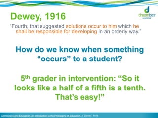 Dewey, 1916
―Fourth, that suggested solutions occur to him which he
shall be responsible for developing in an orderly way.‖

How do we know when something
“occurs” to a student?
5th grader in intervention: “So it
looks like a half of a fifth is a tenth.
That‟s easy!”
Democracy and Education: an Introduction to the Philosophy of Education, J. Dewey, 1916

 