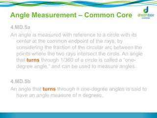 Angle Measurement – Common Core
4.MD.5a
An angle is measured with reference to a circle with its
center at the common endpoint of the rays, by
considering the fraction of the circular arc between the
points where the two rays intersect the circle. An angle
that turns through 1/360 of a circle is called a ―onedegree angle,‖ and can be used to measure angles.
4.MD.5b
An angle that turns through n one-degree angles is said to
have an angle measure of n degrees.

 