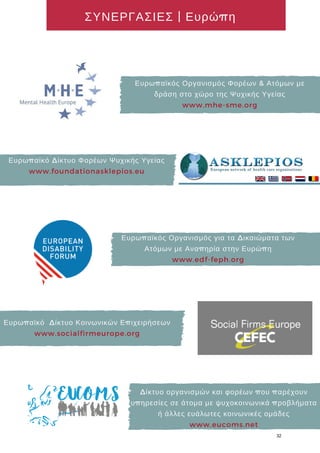 Δίκτυο οργανισμών και φορέων που παρέχουν
υπηρεσίες σε άτομα με ψυχοκοινωνικά προβλήματα
ή άλλες ευάλωτες κοινωνικές ομάδες
www.eucoms.net
Ευρωπαϊκός Οργανισμός για τα Δικαιώματα των
Ατόμων με Αναπηρία στην Ευρώπη
www.edf-feph.org
Ευρωπαϊκός Οργανισμός Φορέων & Ατόμων με
δράση στο χώρο της Ψυχικής Υγείας
www.mhe-sme.org
Ευρωπαϊκό Δίκτυο Φορέων Ψυχικής Υγείας
www.foundationasklepios.eu
Ευρωπαϊκό  Δίκτυο Κοινωνικών Επιχειρήσεων
www.socialfirmeurope.org
ΣΥΝΕΡΓΑΣΙΕΣ | Ευρώπη
32
 