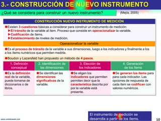3.- CONSTRUCCIÓN DE NUEVO INSTRUMENTO
10www.coimbraweb.com
¿Qué se considera para construir un nuevo instrumento? (Mejía, 2005)
CONSTRUCCIÓN NUEVO INSTRUMENTO DE MEDICIÓN
Existen 3 cuestiones básicas a considerar para construir un instrumento de medición:
El tránsito de la variable al ítem. Proceso que consiste en operacionalizar la variable.
Codificación de ítems.
Establecimiento de niveles de medición.
Operacionalizar la variable
Es el proceso de tránsito de la variable a sus dimensiones, luego a los indicadores y finalmente a los
a los ítems numéricos que permiten medirla.
Boudon y Lazarsfeld han propuesto un método de 4 pasos.
1. Definición
conceptual
2. Identificación de
las dimensiones
3. Elección de
los indicadores
4. Generación
de los ítems
Es la definición
real de la variable,
puede tomarse de
diccionarios o de
libros.
Se identifican las
dimensiones
significativas de la
variable.
Se eligen los
indicadores que permiten
permiten decir que la
característica descrita por
por la variable está
presente.
Se generan los ítems para
para cada indicador. Las
opciones de respuesta de
cada ítem se codifican con
valores numéricos.
El instrumento de medición se
desarrolla a partir de los ítems.
 