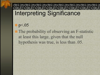 Interpreting Significance
 p<.05
 The probability of observing an F-statistic
at least this large, given that the null
hypothesis was true, is less than .05.
 