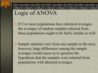 Logic of ANOVA
 If 2 or more populations have identical averages,
the averages of random samples selected from
those populations ought to be fairly similar as well.
 Sample statistics vary from one sample to the next,
however, large differences among the sample
averages would cause us to question the
hypothesis that the samples were selected from
populations with identical averages.
 