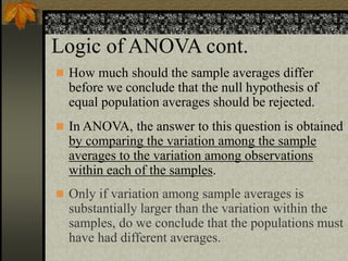 Logic of ANOVA cont.
 How much should the sample averages differ
before we conclude that the null hypothesis of
equal population averages should be rejected.
 In ANOVA, the answer to this question is obtained
by comparing the variation among the sample
averages to the variation among observations
within each of the samples.
 Only if variation among sample averages is
substantially larger than the variation within the
samples, do we conclude that the populations must
have had different averages.
 