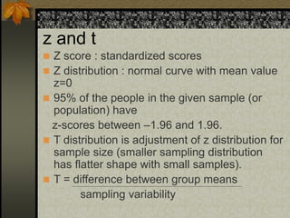 z and t
 Z score : standardized scores
 Z distribution : normal curve with mean value
z=0
 95% of the people in the given sample (or
population) have
z-scores between –1.96 and 1.96.
 T distribution is adjustment of z distribution for
sample size (smaller sampling distribution
has flatter shape with small samples).
 T = difference between group means
sampling variability
 