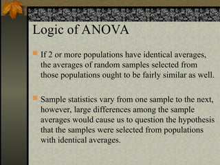 Logic of ANOVA
 If 2 or more populations have identical averages,
the averages of random samples selected from
those populations ought to be fairly similar as well.
 Sample statistics vary from one sample to the next,
however, large differences among the sample
averages would cause us to question the hypothesis
that the samples were selected from populations
with identical averages.
 