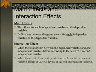Main Effects and
Interaction Effects
Main Effects
 The effects for each independent variable on the dependent
variable.
 Differences between the group means for each independent
variable on the dependent variable.
Interaction Effect
 When the relationship between the dependent variable and one
independent variable differs according to the level of a second
independent variable.
 When the effect of one independent variable on the dependent
variable differs at various levels of second independent variable.
 