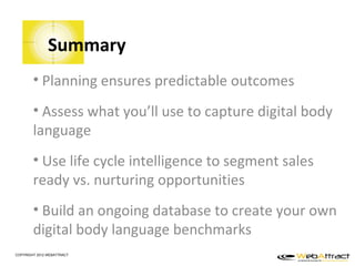 Summary
        • Planning ensures predictable outcomes
        • Assess what you’ll use to capture digital body
        language
        • Use life cycle intelligence to segment sales
        ready vs. nurturing opportunities
        • Build an ongoing database to create your own
        digital body language benchmarks
COPYRIGHT 2012 WEBATTRACT
 