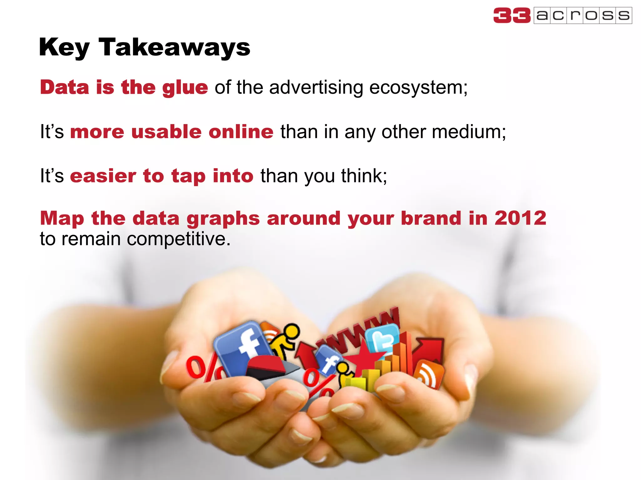 Key Takeaways
Data is the glue of the advertising ecosystem;
It’s more usable online than in any other medium;
It’s easier to tap into than you think;
Map the data graphs around your brand in 2012
to remain competitive.