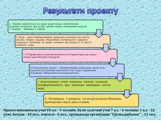 Проект виконували учні 10 кл. - 9 чоловік. Були залучені учні 7 кл. - 6 чоловік, 1 кл. - 22
учні, батьки - 10 чол., вчителі - 6 чол., громадська організація "Спілка рибалок" - 12 чол.
 