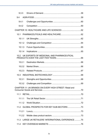 UK trade performance across markets and sectors 
9.3.3 Drivers of Demand....................................................................58 
9.4 AGRI-FOOD....................................................................................59 
9.4.1 Challenges and Opportunities..................................................60 
9.4.2 Competition..............................................................................60 
CHAPTER 10: HEALTHCARE AND LIFE SCIENCES..................................62 
10.1 PHARMACEUTICALS AND HEALTHCARE....................................62 
10.1.1 UK Strengths............................................................................62 
10.1.2 Challenges and Competition....................................................64 
10.1.3 Future Opportunities.................................................................65 
10.1.4 Implications..............................................................................65 
10.2 UK EXPORTS OF MEDICINAL AND PHARMACEUTICAL PRODUCTS OVER THE LAST FEW YEARS............................................66 
10.2.1 Destination Markets..................................................................66 
10.2.2 Market Share............................................................................66 
10.2.3 Related Products......................................................................67 
10.3 INDUSTRIAL BIOTECHNOLOGY...................................................68 
10.3.1 Strengths and Opportunities.....................................................68 
10.3.2 Challenges and Competition....................................................69 
CHAPTER 11: UK BRANDS ON EVERY HIGH STREET: Retail and Consumer Goods and Services.....................................................................70 
11.1 RETAIL............................................................................................70 
11.1.1 The UK Retail Sector................................................................71 
11.1.2 World Situation.........................................................................72 
11.2 GLOBAL PROSPECTS FOR KEY SUB-SECTORS........................73 
11.2.1 Luxury.......................................................................................73 
11.2.2 Middle class product sectors....................................................73 
11.3 LARGE UK RETAILERS’ INTERNATIONAL EXPERIENCE...........75 
11.4 KEY OVERSEAS MARKETS..........................................................76 
iv 
 