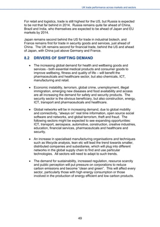 UK trade performance across markets and sectors 
For retail and logistics, trade is still highest for the US, but Russia is expected to be not that far behind in 2014. Russia remains quite far ahead of China, Brazil and India, who themselves are expected to be ahead of Japan and EU markets by 2014. 
Japan remains second behind the US for trade in industrial biotech, and France remains first for trade in security goods and services, just ahead of China. The UK remains second for financial trade, behind the US and ahead of Japan, with China just above Germany and France. 
8.2 DRIVERS OF SHIFTING DEMAND 
 
The increasing global demand for health and wellbeing goods and services - both essential medical products and consumer goods to improve wellbeing, fitness and quality of life – will benefit the pharmaceuticals and healthcare sector, but also chemicals, ICT, manufacturing and retail. 
 
Economic instability, terrorism, global crime, unemployment, illegal immigration, emerging new diseases and food availability and access are all increasing the demand for safety and security products. The security sector is the obvious beneficiary, but also construction, energy, ICT, transport and pharmaceuticals and healthcare. 
 
Global networks will be in increasing demand, due to global mobility and connectivity, “always on” real time information, open source social software and networks, and global terrorism, theft and fraud. The following sectors might be expected to see expanding opportunities: ICT, transport, aerospace, automotive, construction, creative industries, education, financial services, pharmaceuticals and healthcare and security. 
 
An increase in specialised manufacturing organisations and techniques such as lifecycle analysis, lean etc will lead the trend towards smaller, distributed companies and subsidiaries, which will plug into different networks in the global supply chain to find and use particular technologies. All sectors will need to adapt to such trends. 
 
The demand for sustainability, increased regulation, resource scarcity and public perception will put pressure on corporations to reduce carbon emissions and become “clean and green”. This will affect every sector, particularly those with high energy consumption or those involved in the production of energy efficient and low carbon products. 
49 
 